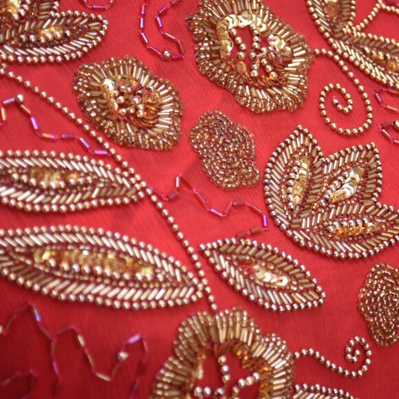 Vintage 80's Red and Gold Beaded Silk Top w/Shoulder Pads Size 12 - Picture 6 of 16